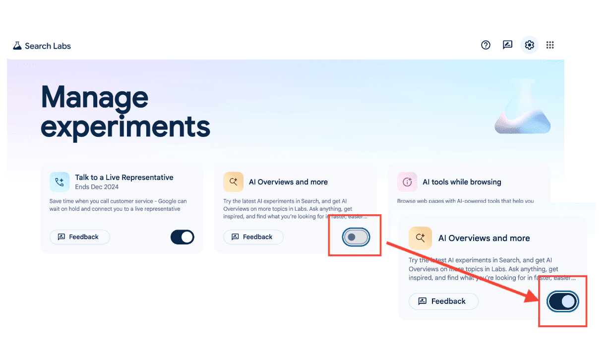 Manage experiments landing page